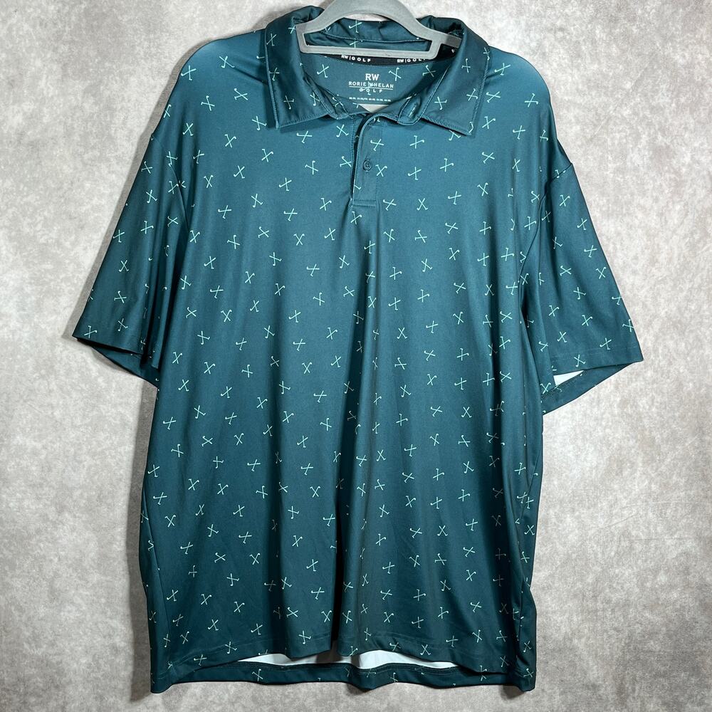 Rorie Whelan Golf Polo Shirt‎ Mens Size XXL Green Golf Club Print Short Sleeves